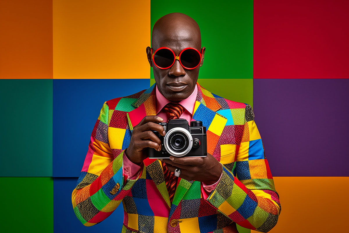 Photographer in a colorful patchwork suit holding a camera, symbolizing creativity and innovation in AI photography.