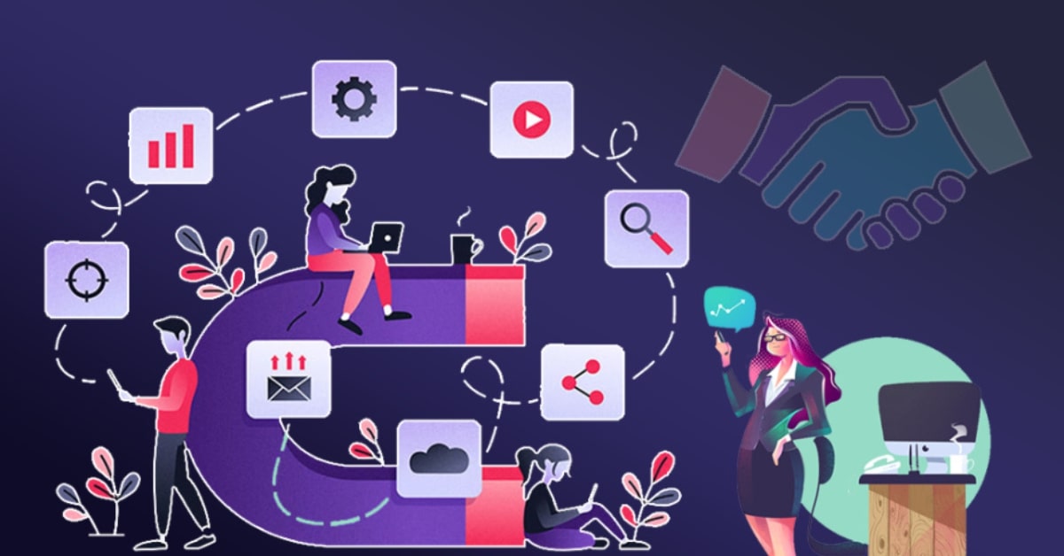 Illustration of marketing strategies including social media, email, and data analysis, symbolizing business growth through digital marketing.