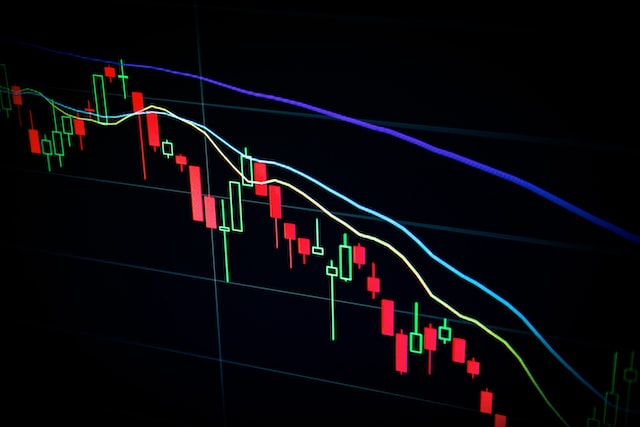 Stock market candlestick chart showing a downward trend with moving averages, representing investment analysis.
