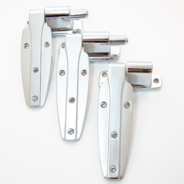 Industrial Product Photography Close-up of three polished chrome hinges on a white background, showcasing Coldea Productions' product photography services.