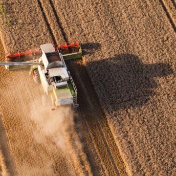 Aerial view of a harvester working in a field, showcasing Coldea Productions' drone and aerial photography services.