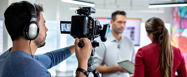 A videographer wearing headphones captures a professional scene of a business presentation with a man and woman in focus.