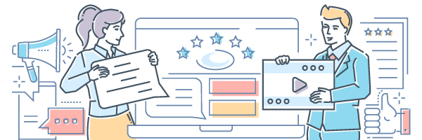 Illustration of professionals presenting customer testimonials and video content.