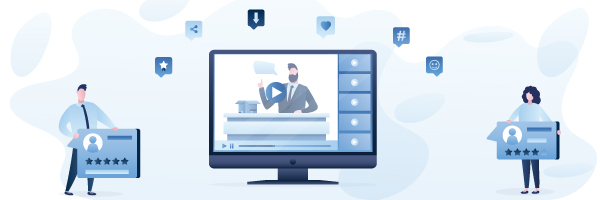 Illustration of people holding customer review cards, with a testimonial video playing on a large screen in the background.
