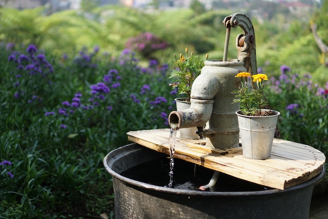 An antique metal water pump with two small potted plants placed on a wooden plank, with water flowing into a metal basin in a garden filled with purple flowers.