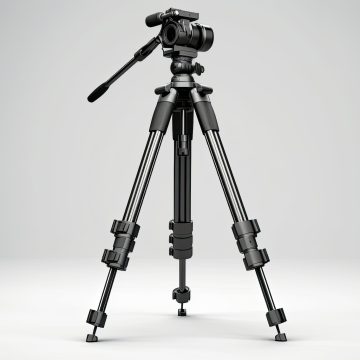 A professional camera tripod with adjustable legs and a fluid head, positioned on a plain background, showcasing stability and support for photography and videography.