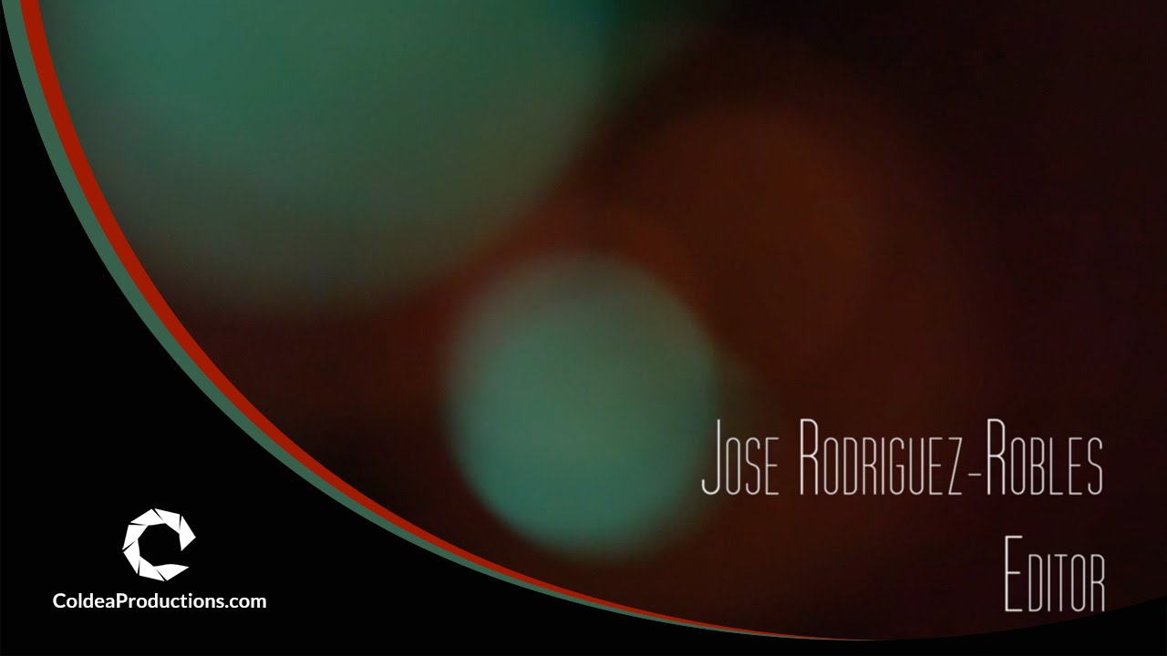 An image from a video reel featuring Jose Rodriguez-Robles, identified as an editor, with an abstract background and Coldea Productions branding.