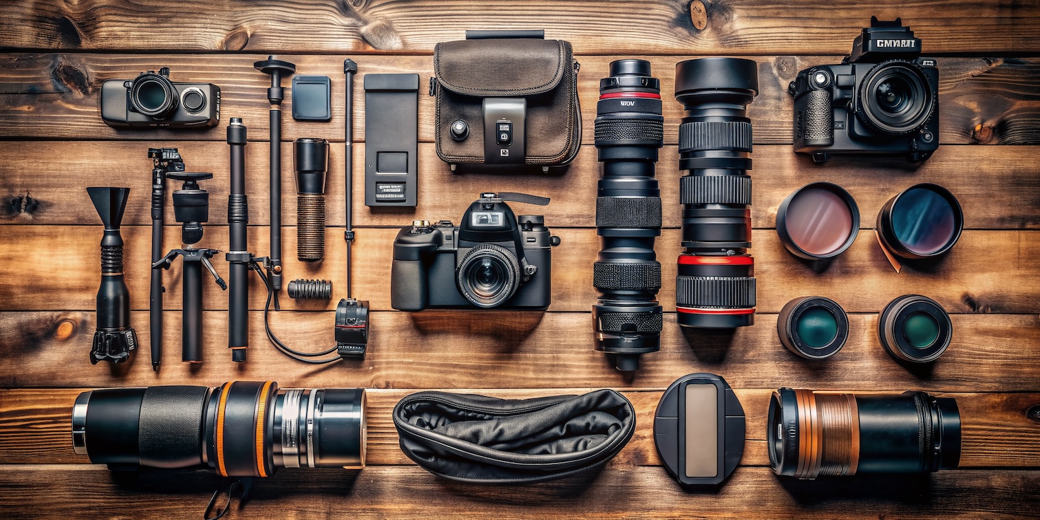Flat lay of professional photography and videography equipment on a wooden surface, including cameras, lenses, tripods, filters, flashes, and camera bags.