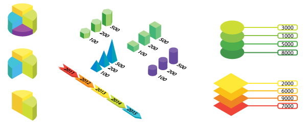 Collection of colorful 3D charts and infographics, representing Coldea Productions' expertise in creating animated infographics for educational videos.