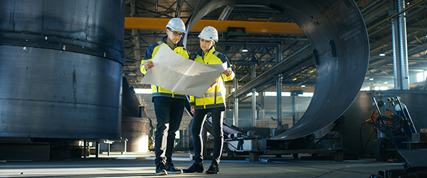 Engineers in high-visibility safety gear reviewing blueprints in a large-scale manufacturing facility, captured for Coldea Productions' manufacturing video services in the USA.