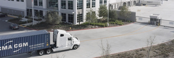 A CMA CGM truck delivering to the Caleres Inc Distribution Center in Chino, CA, captured by Coldea Productions during a distribution video project.