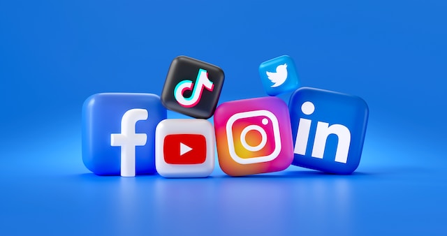 Icons of popular social media platforms including Facebook, Instagram, LinkedIn, TikTok, YouTube, and Twitter against a blue background.