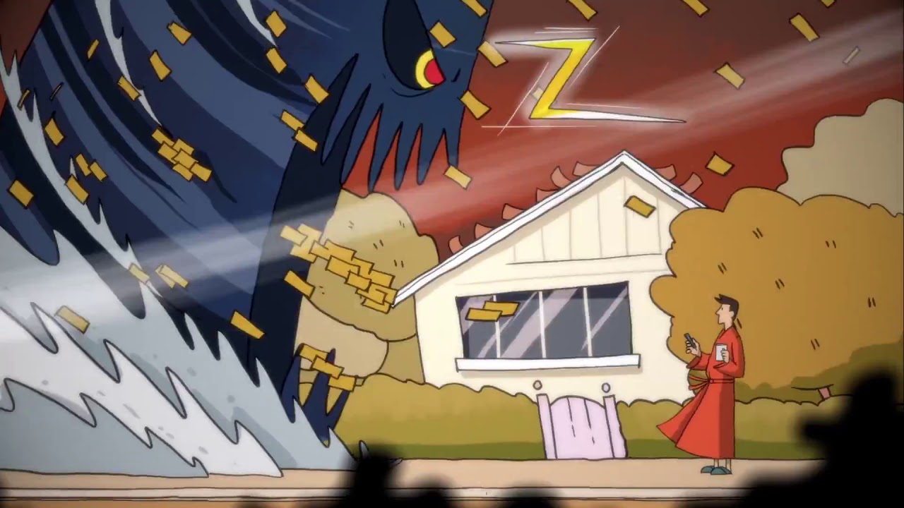 Animated scene of a man facing a large, ominous creature outside a house, showcasing Coldea Productions' animation services