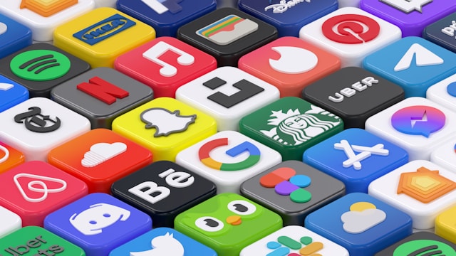 Colorful 3D app icons of popular brands like Google, Starbucks, Uber, Snapchat, and Spotify, representing brand recognition through visual consistency.