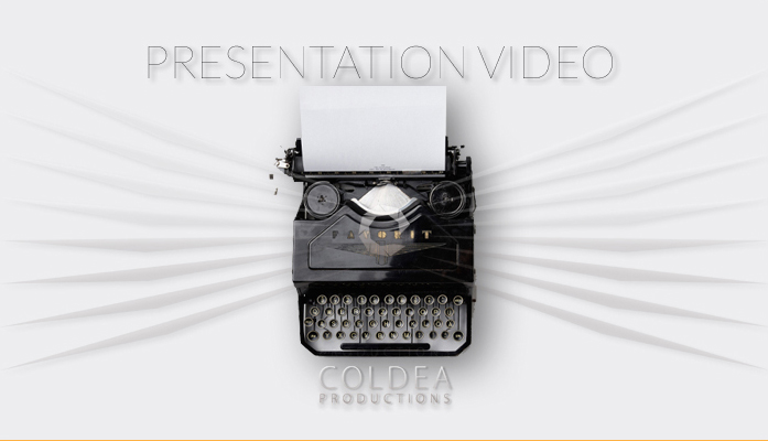 A vintage typewriter with a blank sheet of paper, surrounded by rays symbolizing creative storytelling, with the text "Presentation Video" and "Coldea Productions."