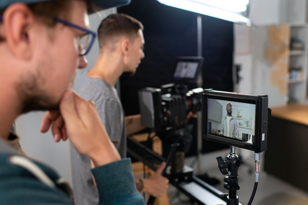 Two videographers intently reviewing footage on a monitor during a video shoot, ensuring the shot is well-composed, with one man visible on the screen in a modern setting.