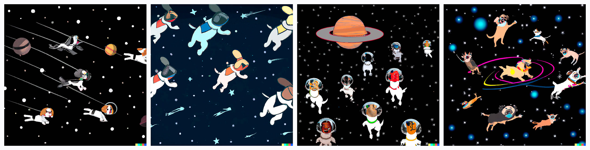 an illustration of all dog races floating in space