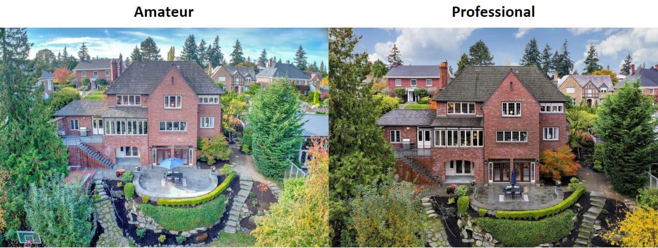 Side-by-side comparison of amateur and professional real estate photography showcasing a brick home with lush greenery.