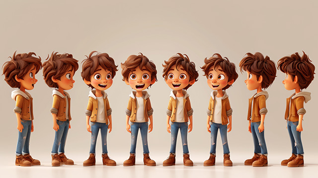Character design showcasing multiple angles of a young animated boy, highlighting the role of character design in animation.