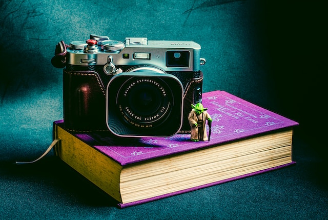 Camera resting on a book.