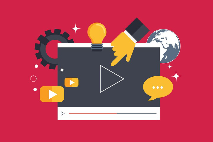 Illustration of video content creation with play button, gear, lightbulb, and communication icons, representing video production and social media engagement.