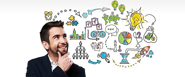 Business professional with creative illustrations of ideas and concepts above, symbolizing strategic thinking and explainer video production.