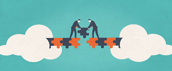 An animated illustration of two individuals connecting puzzle pieces between clouds, symbolizing collaboration and problem-solving, created as part of Coldea Productions' video animation services.