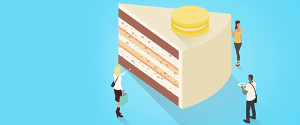 Illustration of people interacting with a large slice of layered cake, symbolizing Coldea Productions' engaging product demo video services offered nationwide.