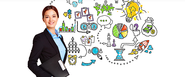 A businesswoman in a professional outfit smiling confidently while holding a file folder. She is positioned against a dynamic, doodle-style background featuring icons like charts, graphs, a lightbulb, rockets, and magnifying glasses.