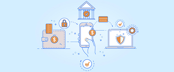 Illustrated diagram of a digital financial ecosystem showing the interconnections between mobile payments, bank security, online transactions, and e-commerce elements.