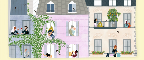 Illustrated neighborhood scene with diverse people on balconies and walking, symbolizing community engagement and storytelling.