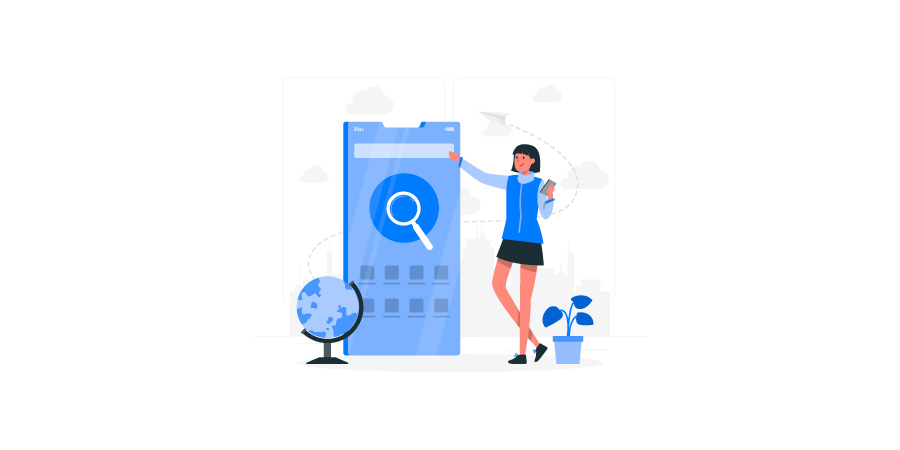 Illustration of a person standing next to a large smartphone screen displaying a magnifying glass icon, with a globe and a potted plant nearby, symbolizing video SEO and digital search optimization.
