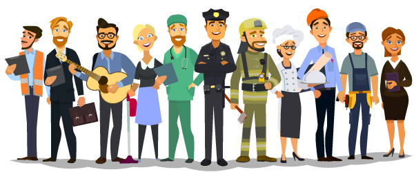 Illustration of diverse animated characters representing various professions, symbolizing Coldea Productions' video animation services for businesses nationwide.