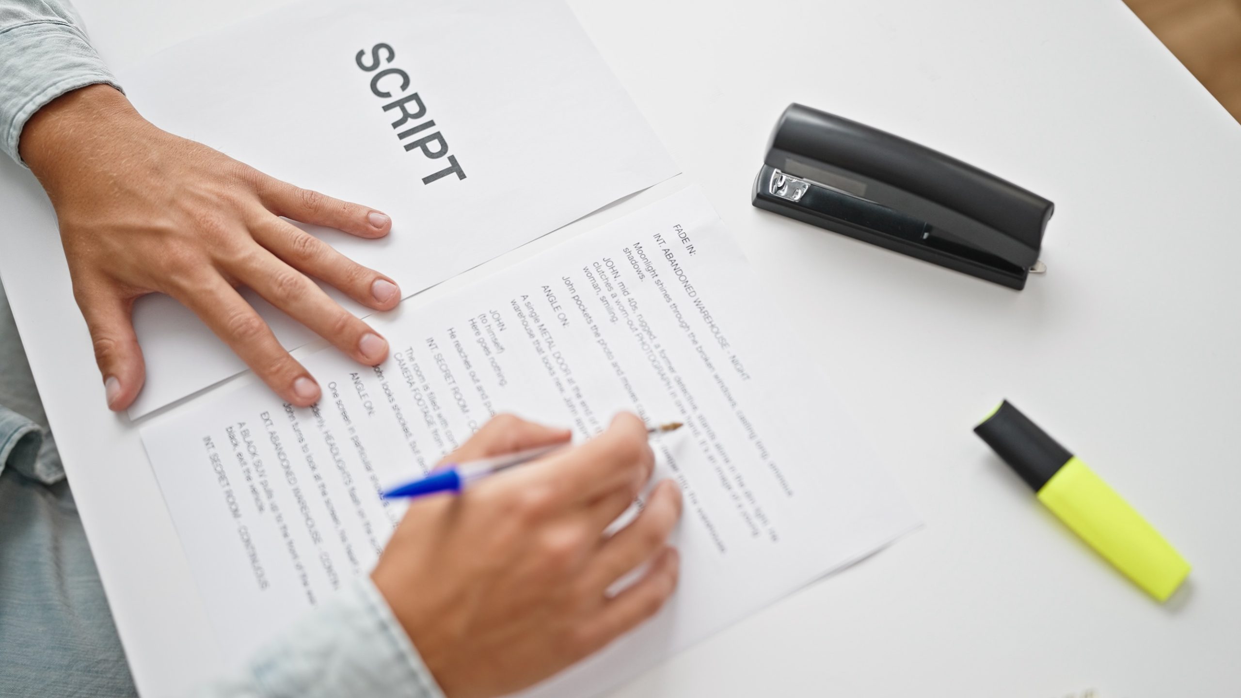 Person reviewing and writing on a script at a desk with a stapler and highlighter, representing the behind-the-scenes process of video production.