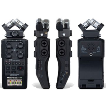 Zoom H6 Handy Recorder with detachable X/Y microphone capsules and multiple input channels for professional audio recording.