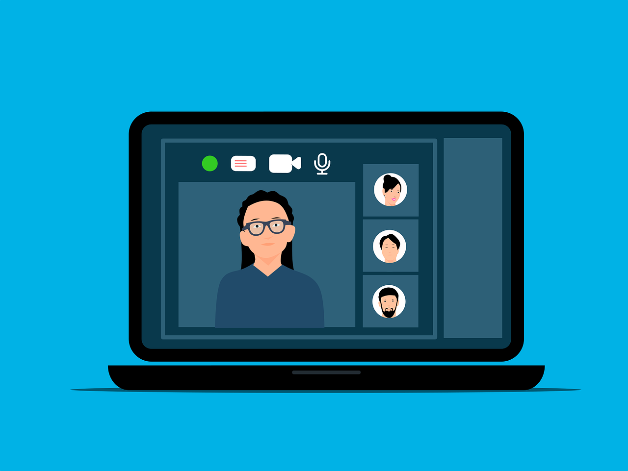 Illustration of a video conference on a laptop screen, featuring a person speaking and several participants' icons visible on the side.