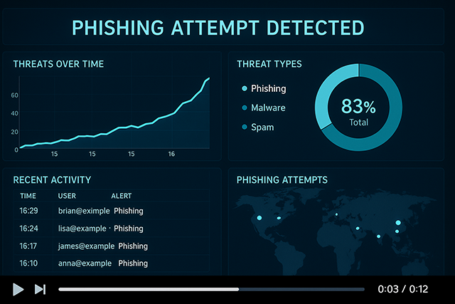 Dashboard showing phishing attempt detection with charts, threat types, and recent activity logs.