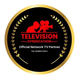 Television Syndication official network TV partner badge with a gold border and laurel accents.